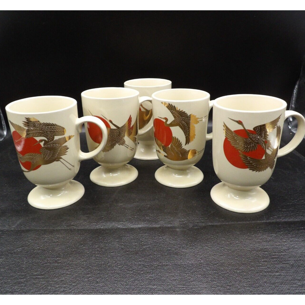 Set of 5 Cream Colored Ceramic Pedestal Coffee Cups Gold Crane Red Sun Asian VTG